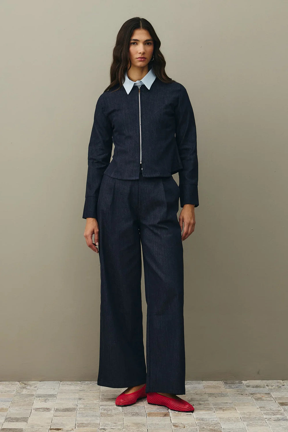 Zippered Denim Top Navy Blue