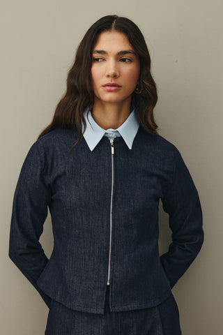 Fermuarlı Denim Üst Lacivert