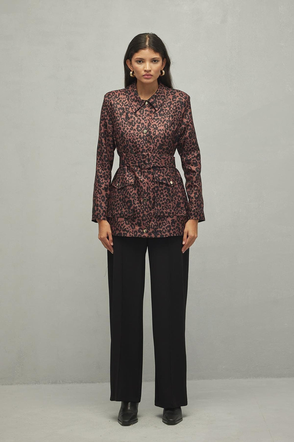 Leopard Pattern Jacket with Fillet Pockets, Brown