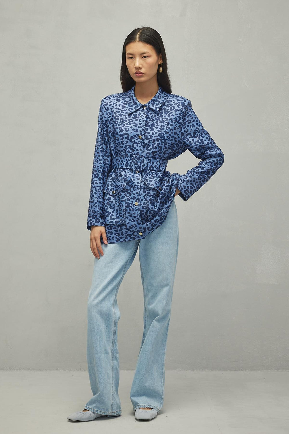 Leopard Pattern Jacket with Fillet Pockets, Navy Blue