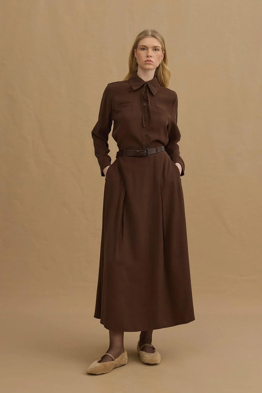 Fleto Pocket Tencel Skirt Set Brown