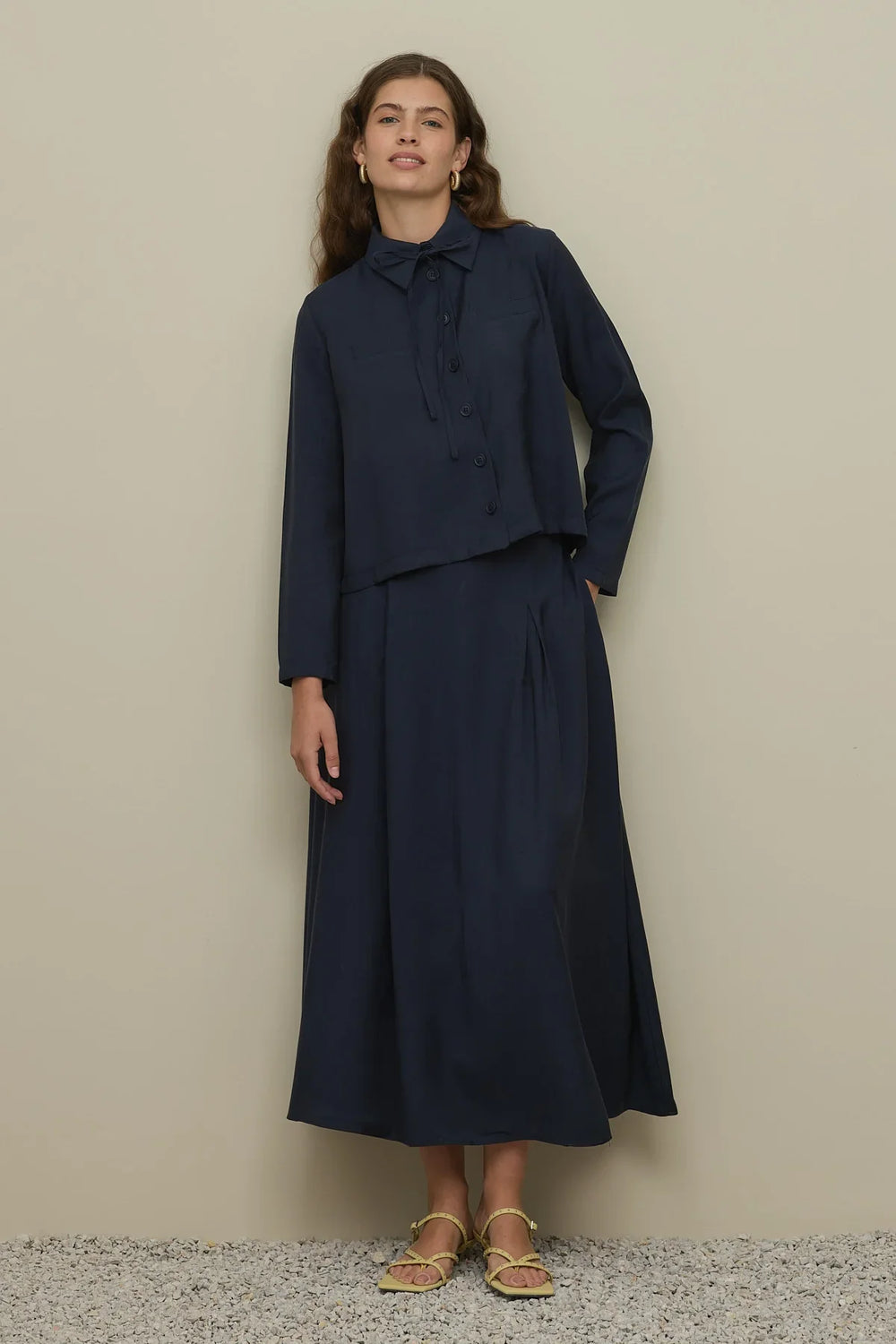 Fleto Pocket Tencel Skirt Suit Navy Blue