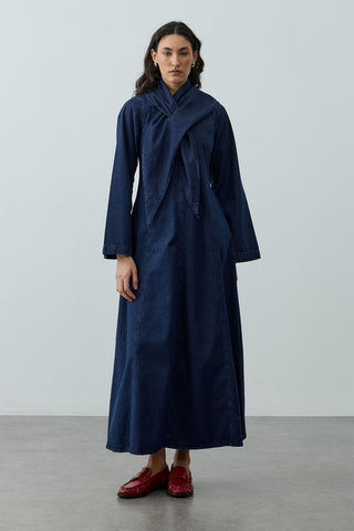 Fular Detaylı Denim Elbise Lacivert