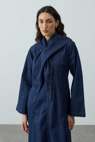 Fular Detaylı Denim Elbise Lacivert