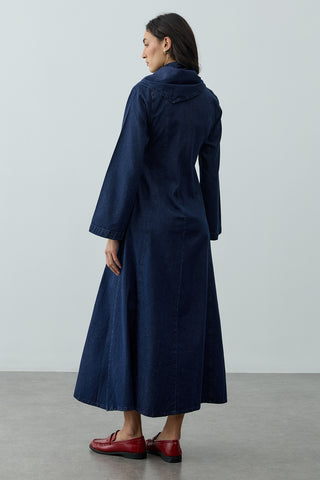 Fular Detaylı Denim Elbise Lacivert