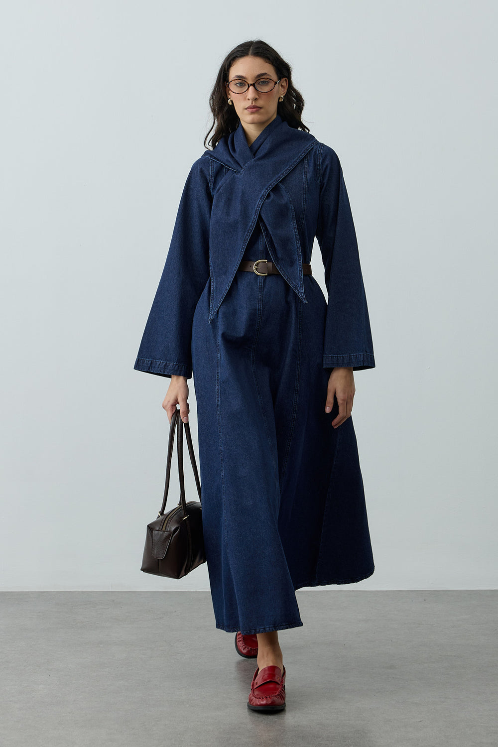 Fular Detaylı Denim Elbise Lacivert