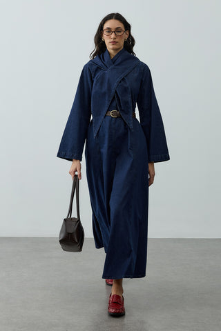 Fular Detaylı Denim Elbise Lacivert