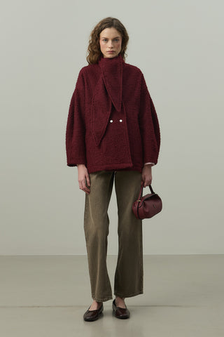 Fularlı Dokulu Kaşe Ceket Bordo