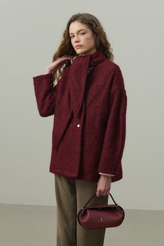 Fularlı Dokulu Kaşe Ceket Bordo