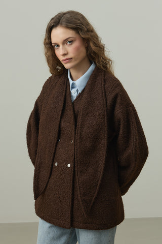 Fularlı Dokulu Kaşe Ceket Kahverengi