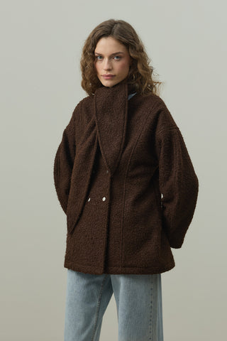 Fularlı Dokulu Kaşe Ceket Kahverengi