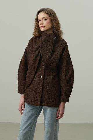 Fularlı Dokulu Kaşe Ceket Kahverengi