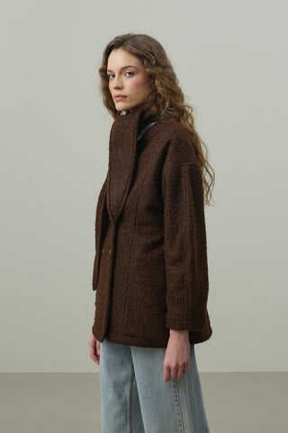 Fularlı Dokulu Kaşe Ceket Kahverengi
