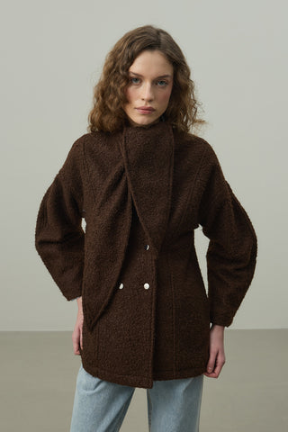 Fularlı Dokulu Kaşe Ceket Kahverengi