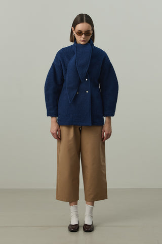 Fularlı Dokulu Kaşe Ceket Mavi