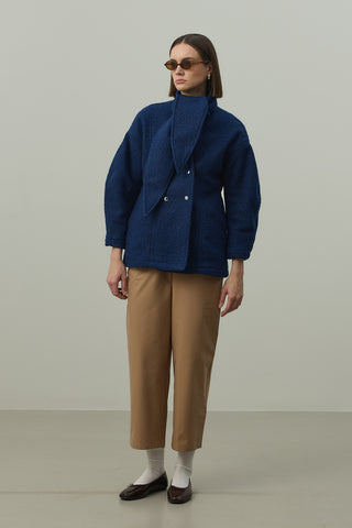 Fularlı Dokulu Kaşe Ceket Mavi