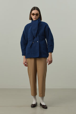 Fularlı Dokulu Kaşe Ceket Mavi