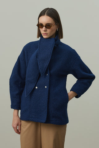Fularlı Dokulu Kaşe Ceket Mavi