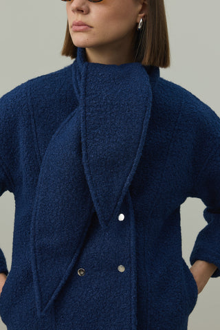 Fularlı Dokulu Kaşe Ceket Mavi