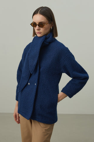 Fularlı Dokulu Kaşe Ceket Mavi