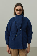 Fularlı Dokulu Kaşe Ceket Mavi