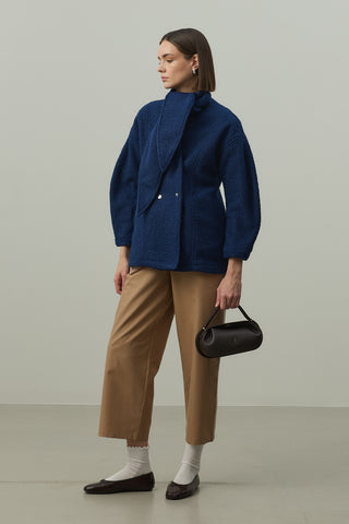 Fularlı Dokulu Kaşe Ceket Mavi