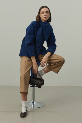 Fularlı Dokulu Kaşe Ceket Mavi