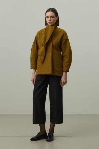 Fularlı Dokulu Kaşe Ceket Yağ Yeşili