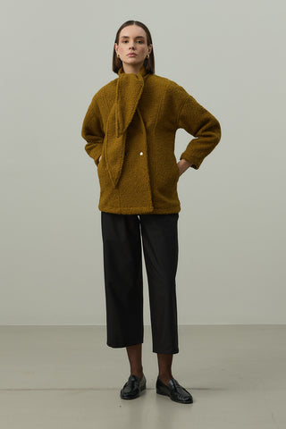 Fularlı Dokulu Kaşe Ceket Yağ Yeşili