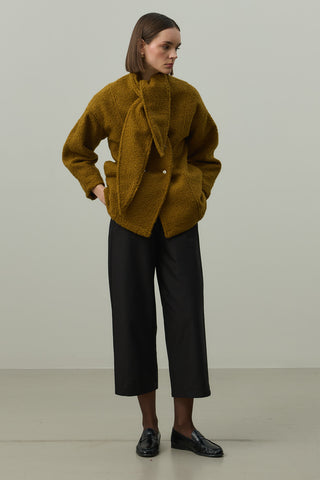 Fularlı Dokulu Kaşe Ceket Yağ Yeşili