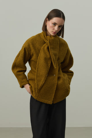 Fularlı Dokulu Kaşe Ceket Yağ Yeşili