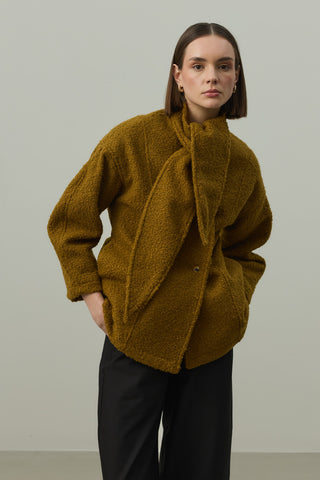 Fularlı Dokulu Kaşe Ceket Yağ Yeşili