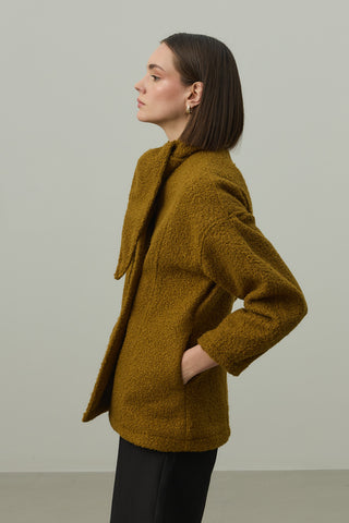 Fularlı Dokulu Kaşe Ceket Yağ Yeşili