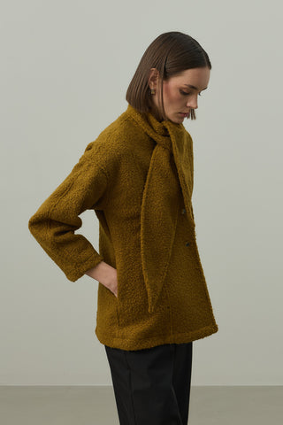 Fularlı Dokulu Kaşe Ceket Yağ Yeşili