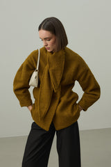 Fularlı Dokulu Kaşe Ceket Yağ Yeşili