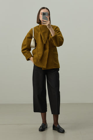 Fularlı Dokulu Kaşe Ceket Yağ Yeşili