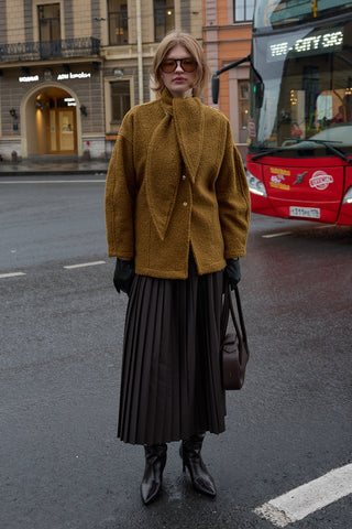 Fularlı Dokulu Kaşe Ceket Yağ Yeşili