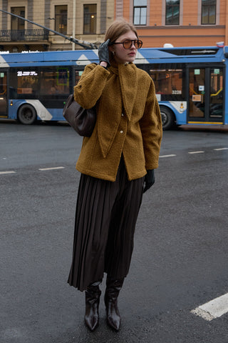 Fularlı Dokulu Kaşe Ceket Yağ Yeşili