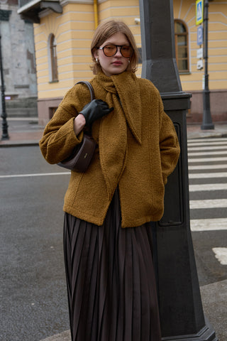 Fularlı Dokulu Kaşe Ceket Yağ Yeşili