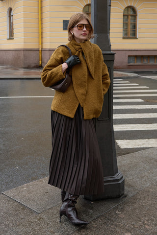 Fularlı Dokulu Kaşe Ceket Yağ Yeşili