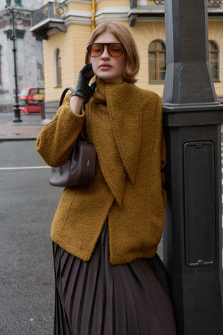 Fularlı Dokulu Kaşe Ceket Yağ Yeşili