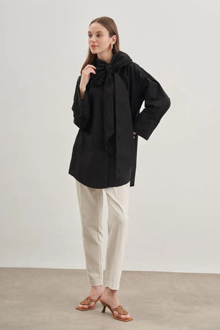 Geniş Bağlamalı Poplin Gömlek Siyah - Fahhar Design