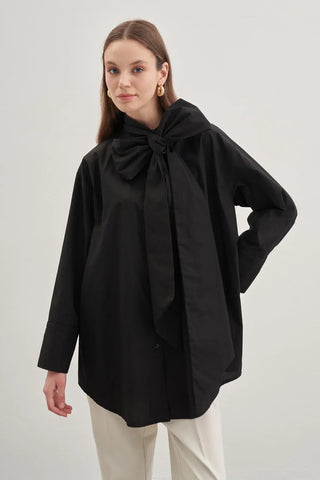 Geniş Bağlamalı Poplin Gömlek Siyah - Fahhar Design