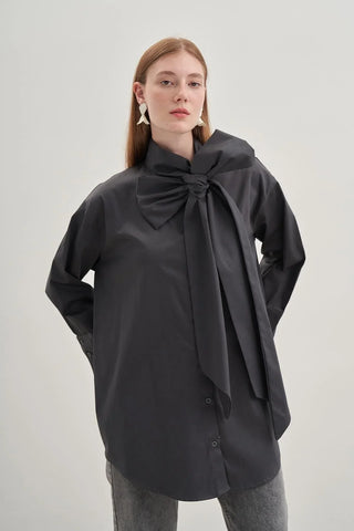 Geniş Fularlı Kadın Gömlek Füme - Fahhar Design