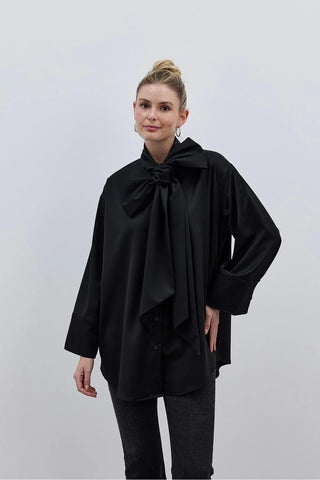 Geniş Fularlı Kadın Gömlek Siyah - Fahhar Design