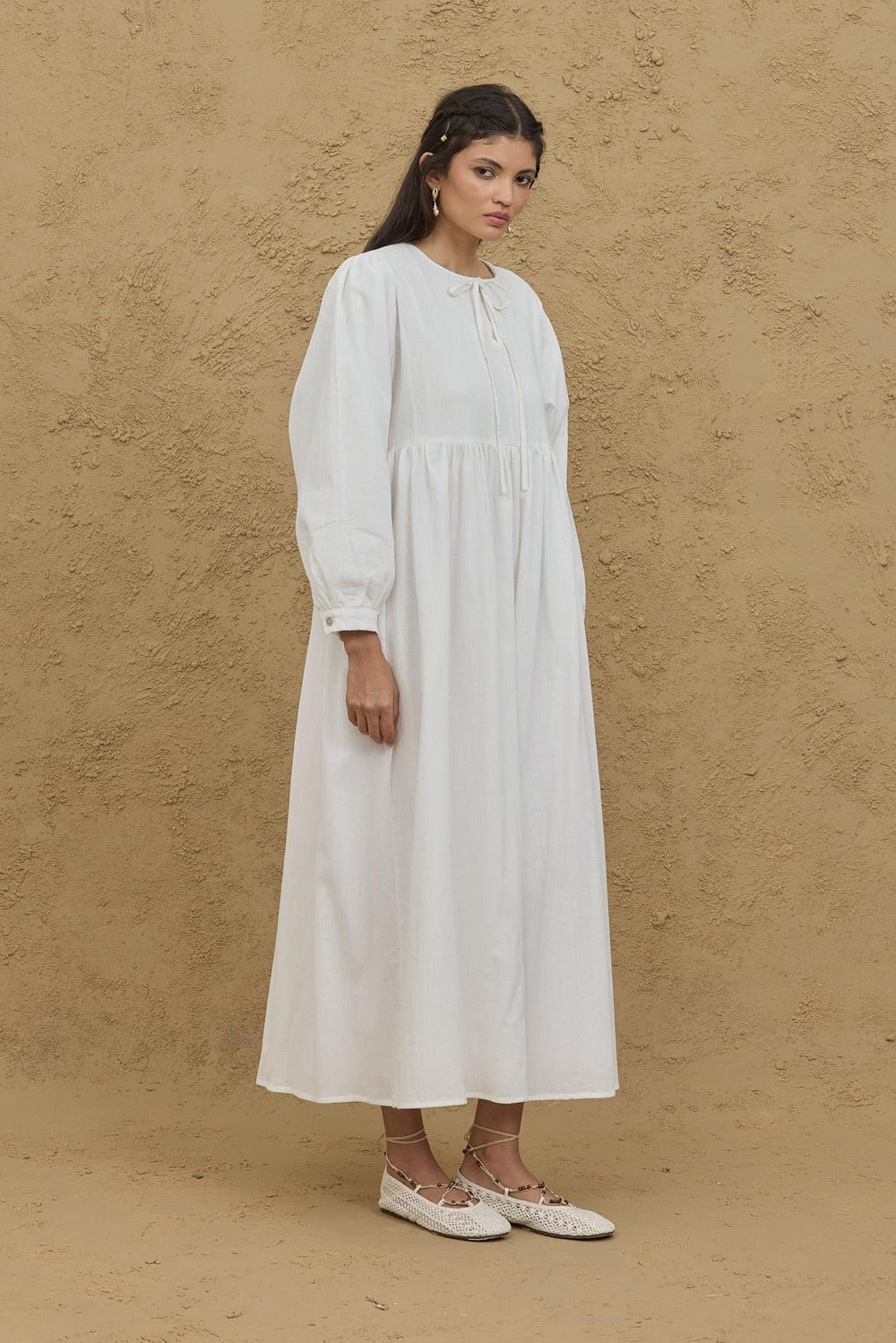 Wide Sleeve Crepe Dress in Ecru