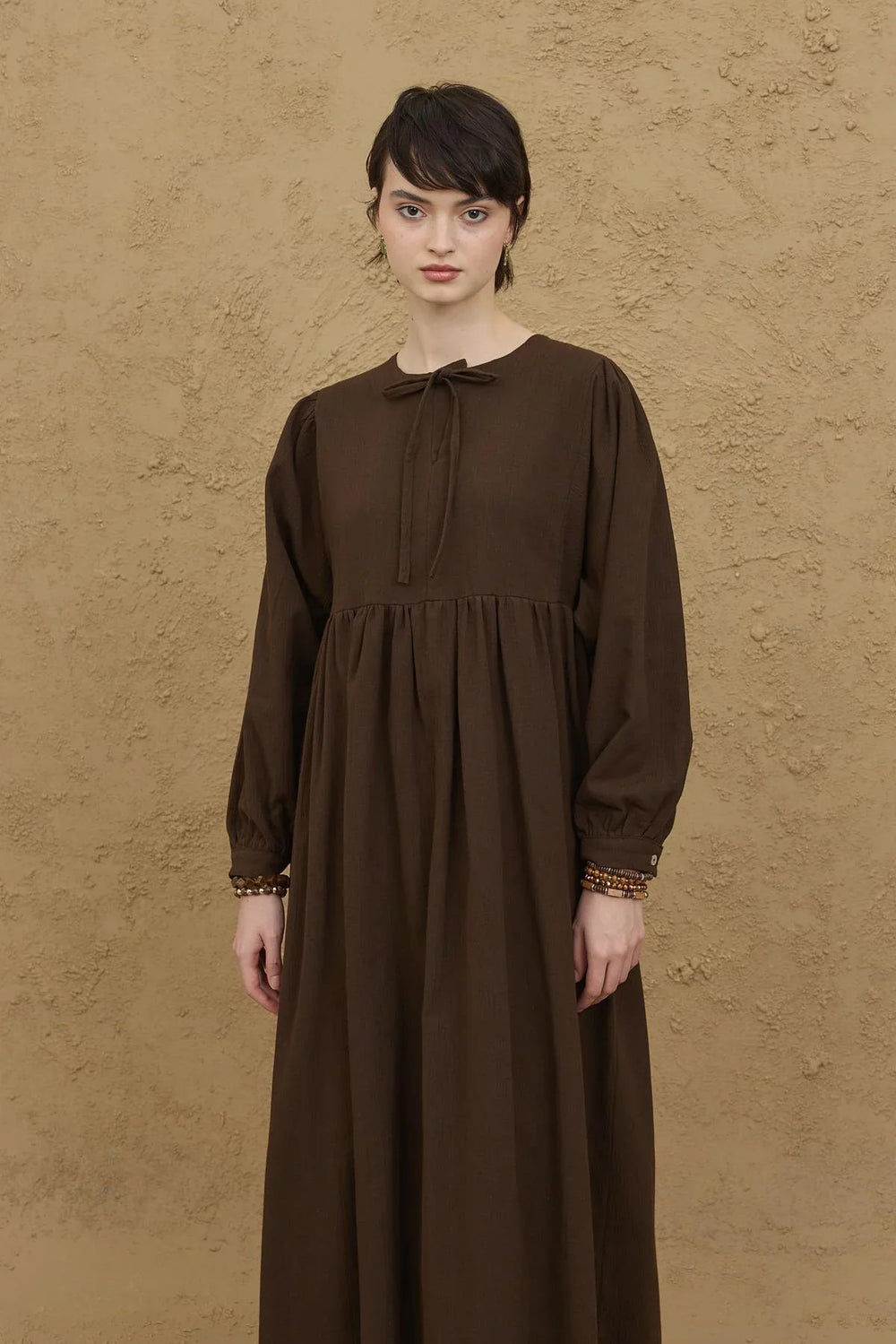 Wide Sleeve Crepe Dress Dark Brown