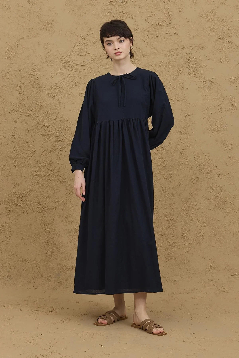 Wide Sleeve Crepe Dress Navy Blue