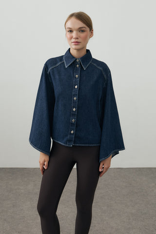 Geniş Kollu Denim Gömlek Koyu Mavi