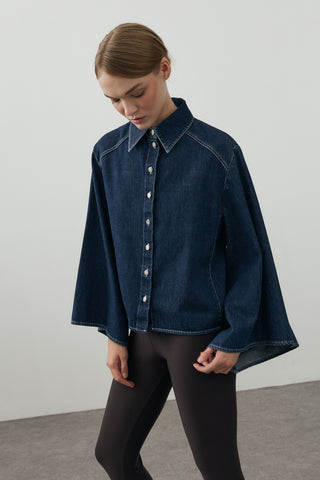 Geniş Kollu Denim Gömlek Koyu Mavi